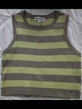DKNY Striped Sleeveless Knit Crop Top in Lime and Taupe